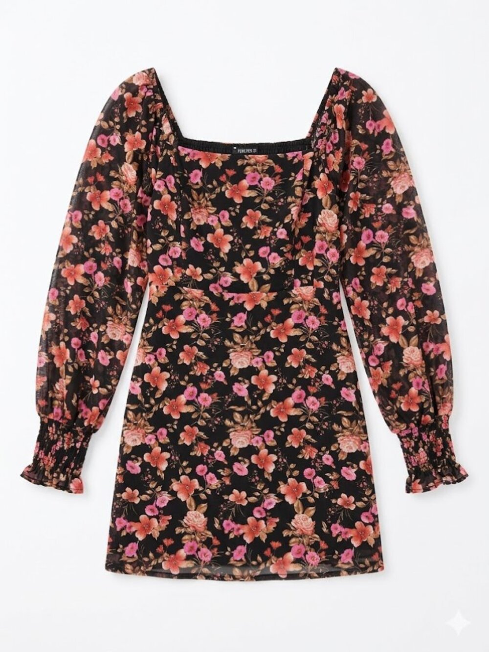 Forever 21 Floral Mini Dress Medium Black Pink Mesh Sleeve Whimsigoth Retro 90s